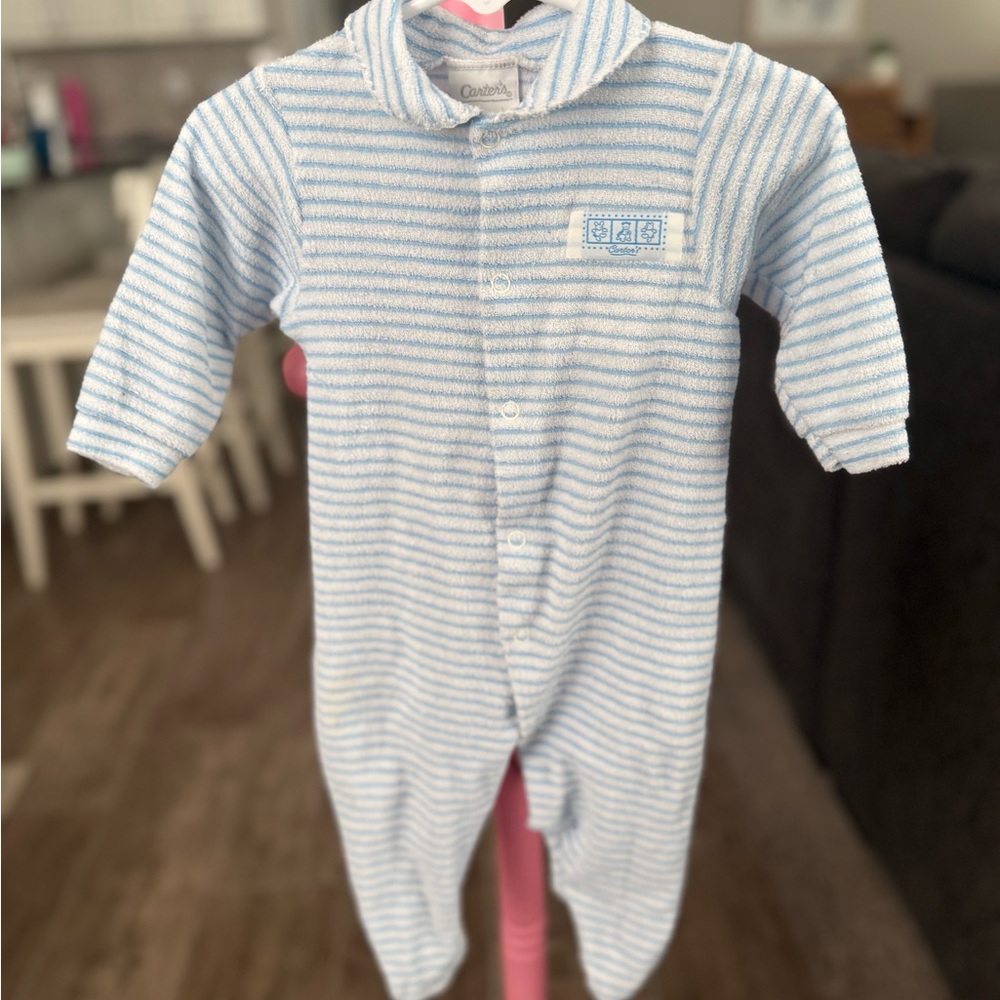 Vintage Carter's Light Blue & White Striped Baby One-Piece Snap Pajamas